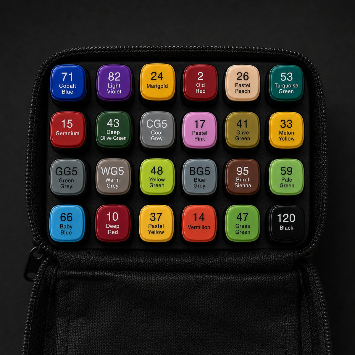 Straight top-down view of the open TOUCH 24 alcohol marker set with all 24 caps in their original rows