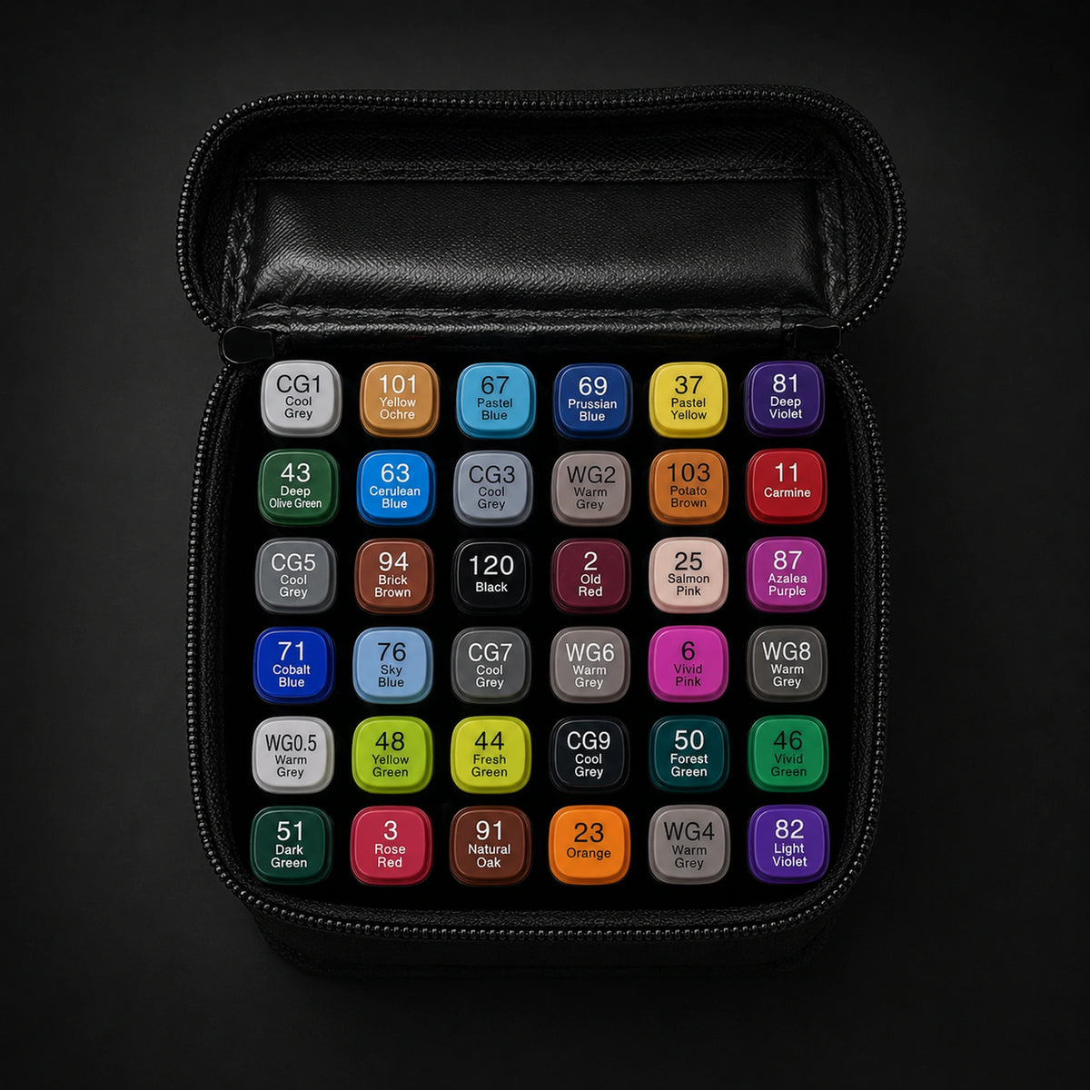 Straight top-down view of the open TOUCH 36 alcohol marker set with all 36 caps in their original rows