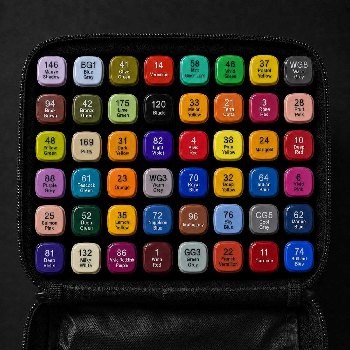 Straight top-down view of the open TOUCH 48 alcohol marker set with all 48 caps in their original rows