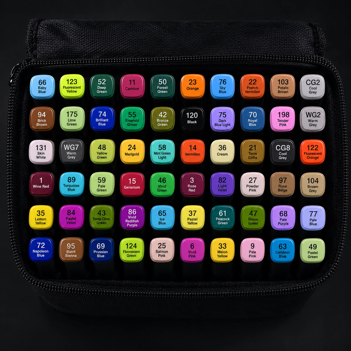Straight top-down view of the open TOUCH 60 alcohol marker set with all 60 caps in their original rows