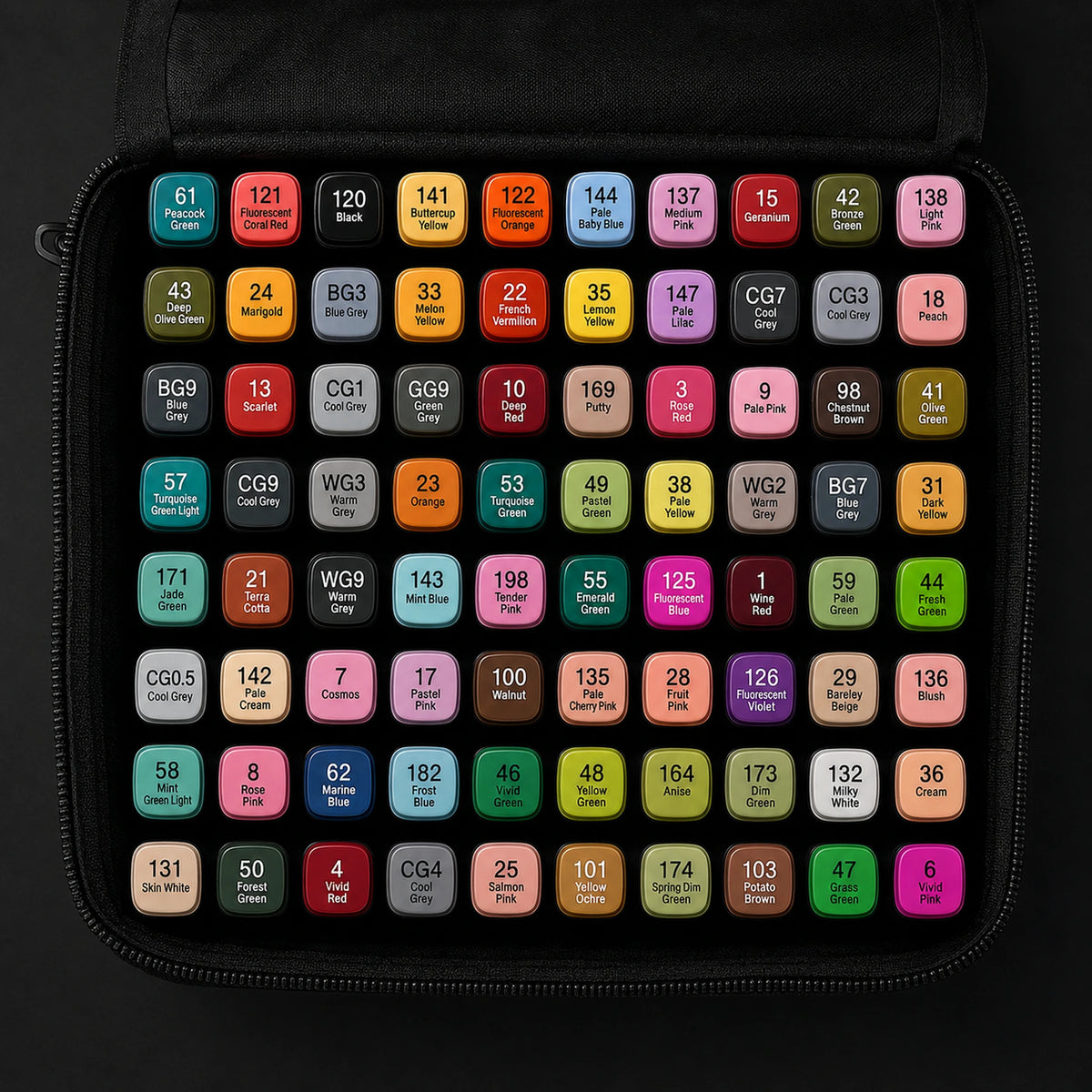 Straight top-down view of the open TOUCH 80 alcohol marker set with all 80 caps in their original rows