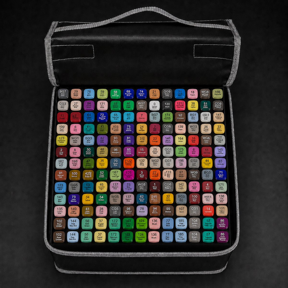 Straight top-down view of the open 168-colour alcohol marker set with all 168 caps in their original rows