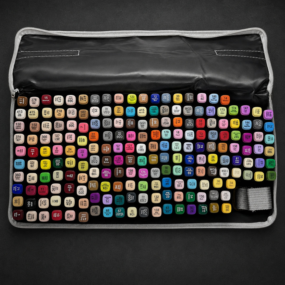 Straight top-down view of the open 204-colour alcohol marker set with all 204 caps in their original rows