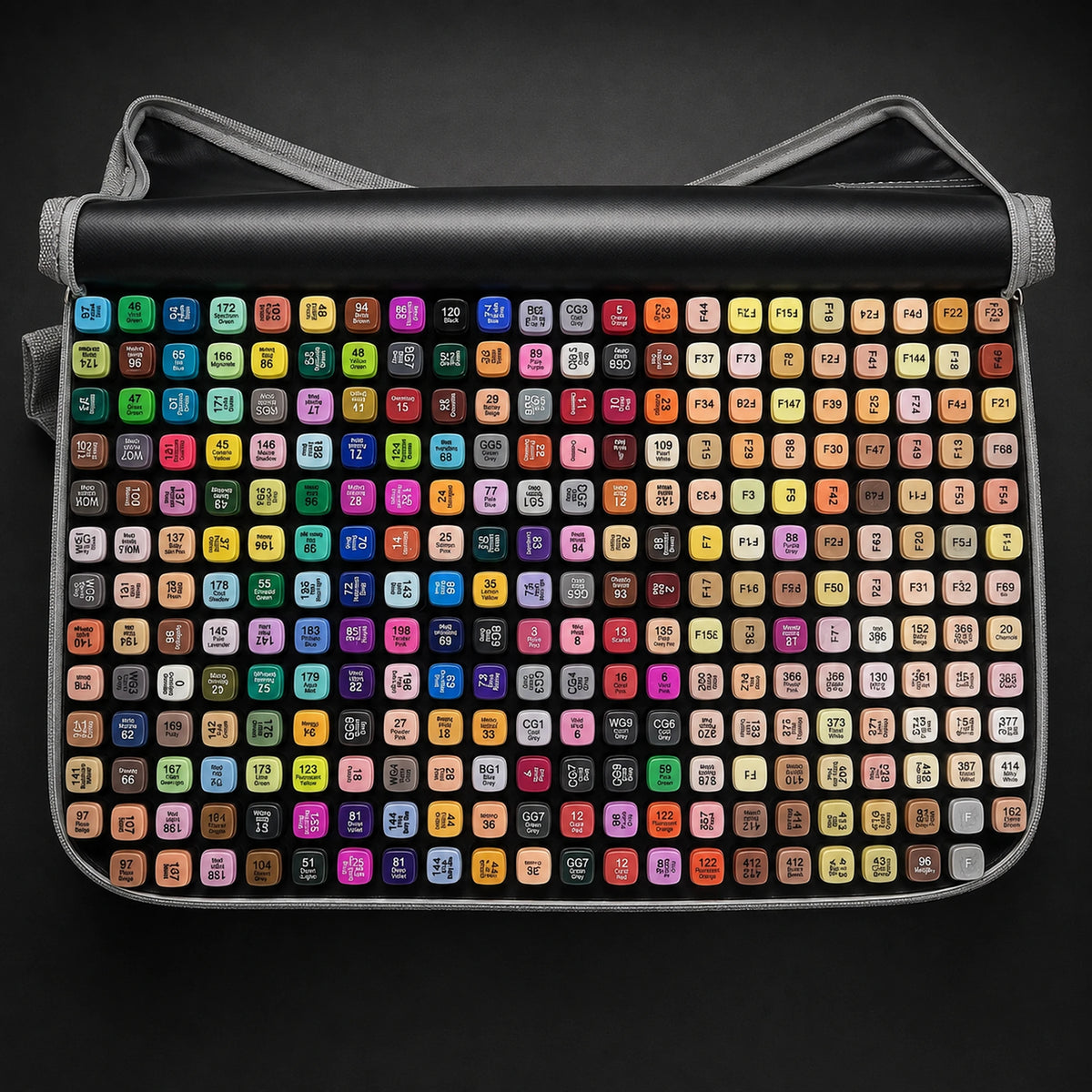 Straight top-down view of the open 262-colour alcohol marker set with all 262 caps in their original rows
