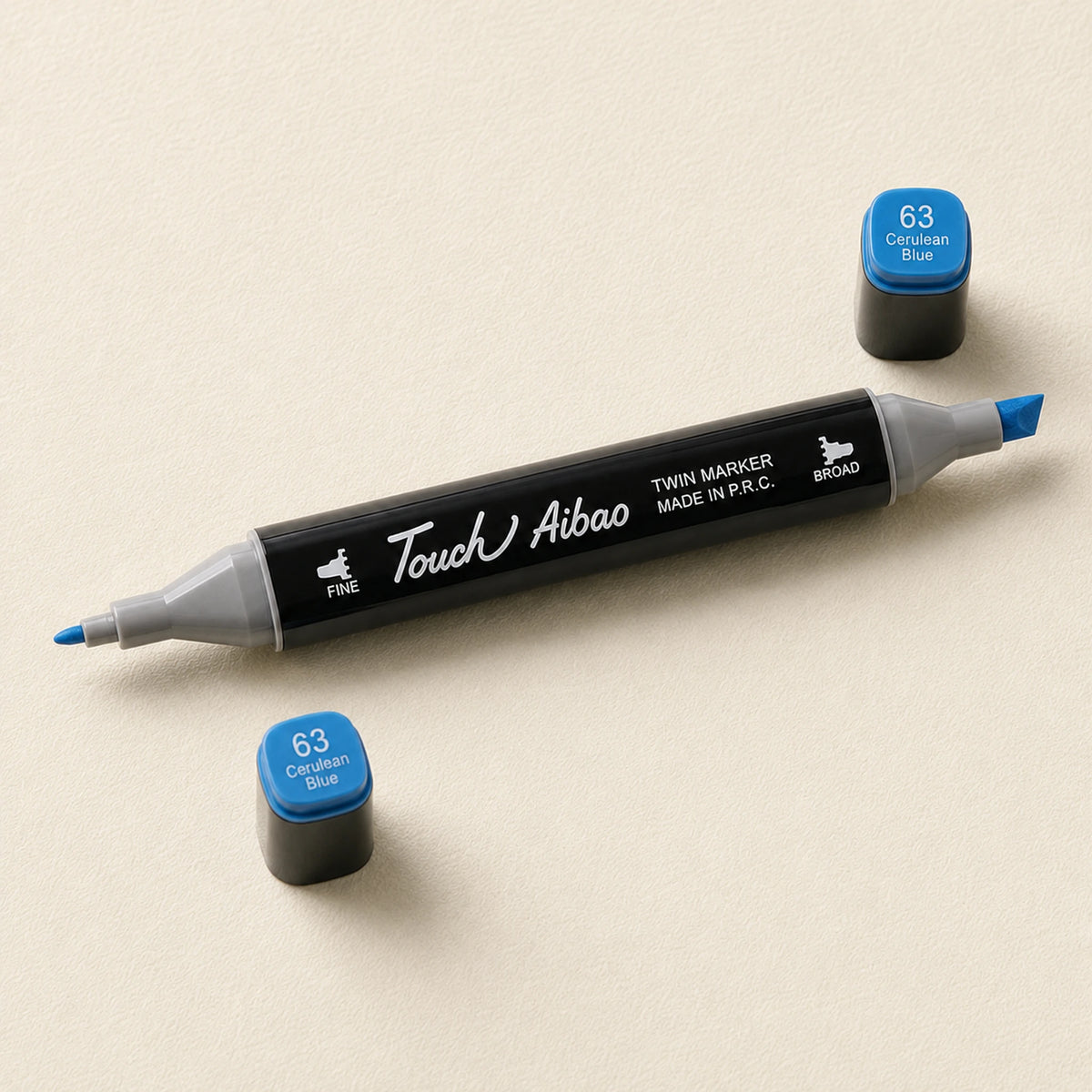 Single Touch Aibao twin marker in Cerulean Blue, caps off, showing the broad chisel nib and the fine bullet nib