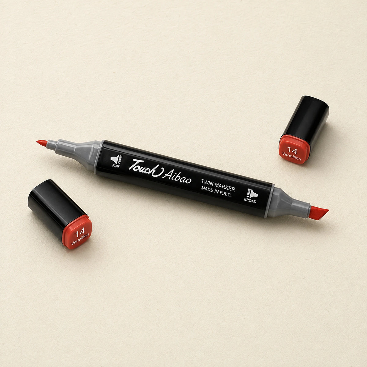 Single Touch Aibao twin marker in 14 Vermilion, caps off, showing the broad chisel nib and the fine bullet nib