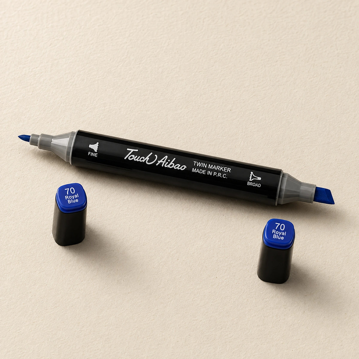 Single Touch Aibao twin marker in 70 Royal Blue, caps off, showing the broad chisel nib and the fine bullet nib