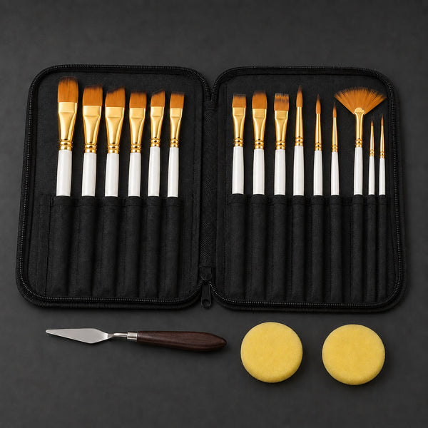 The black zip case opened flat on a graphite background with fifteen white-handled brushes in its numbered pockets, the palette knife and two round sponges laid out below.