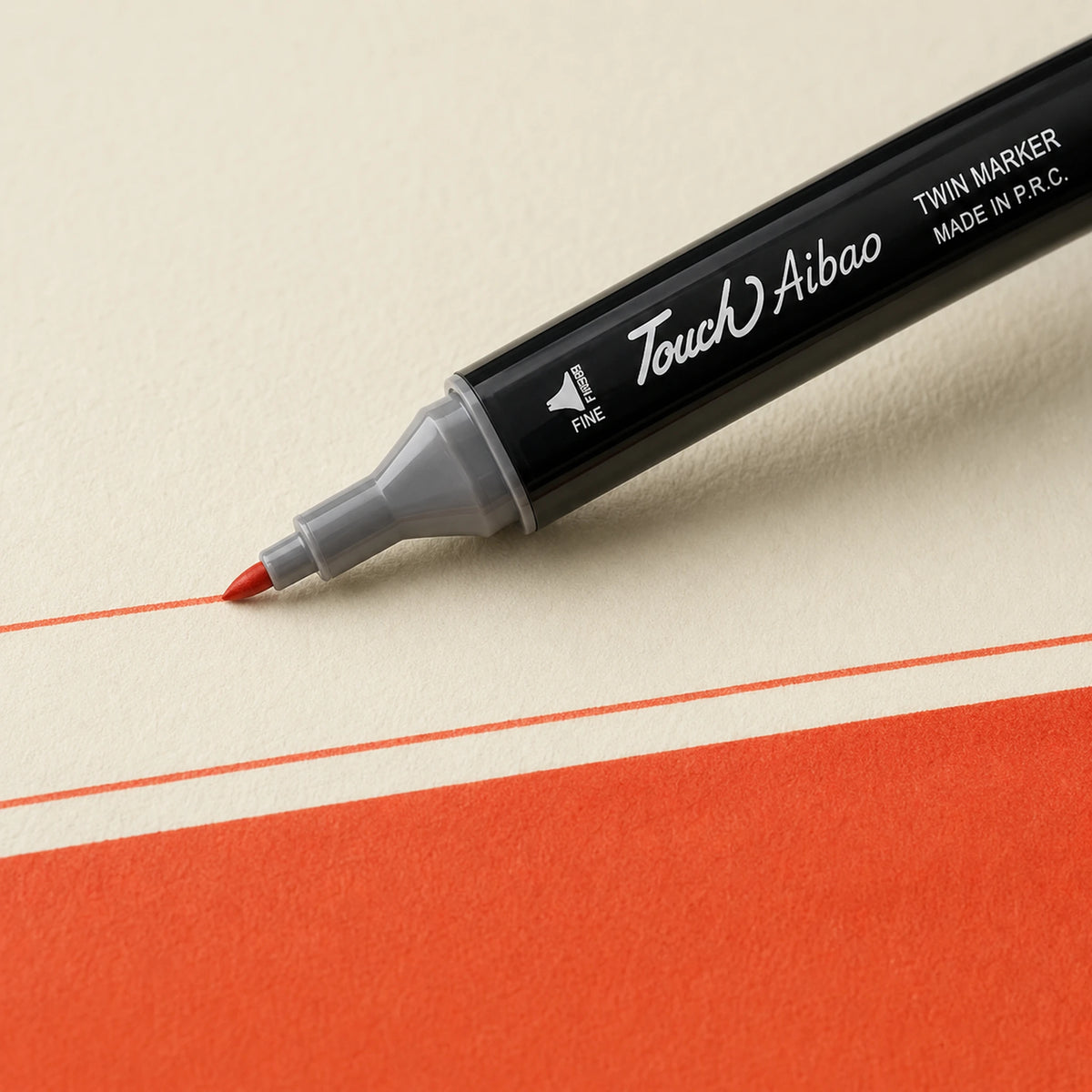 Fine bullet nib of a Touch Aibao marker drawing a crisp thin 14 Vermilion line on ivory art paper