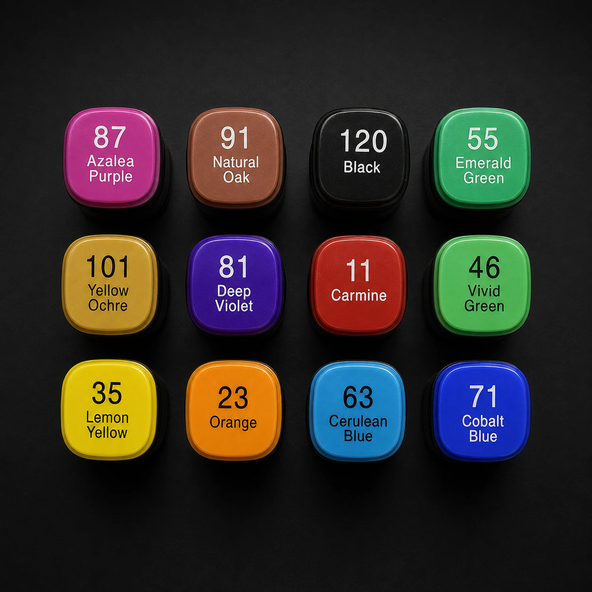 Colour chart of the TOUCH 12 alcohol marker set with all 12 cap tops laid out in an even grid