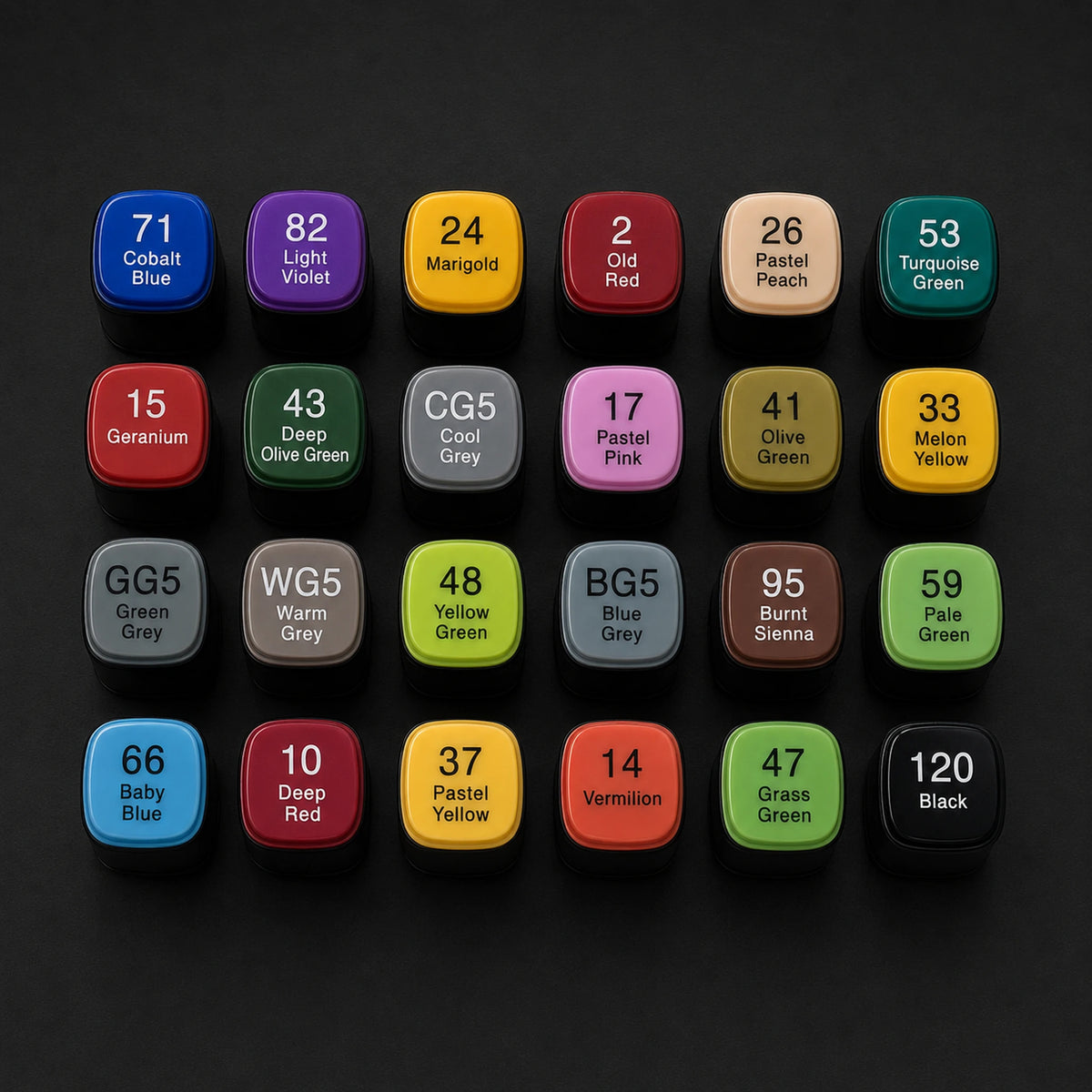 Colour chart of the TOUCH 24 alcohol marker set with all 24 cap tops laid out in an even grid