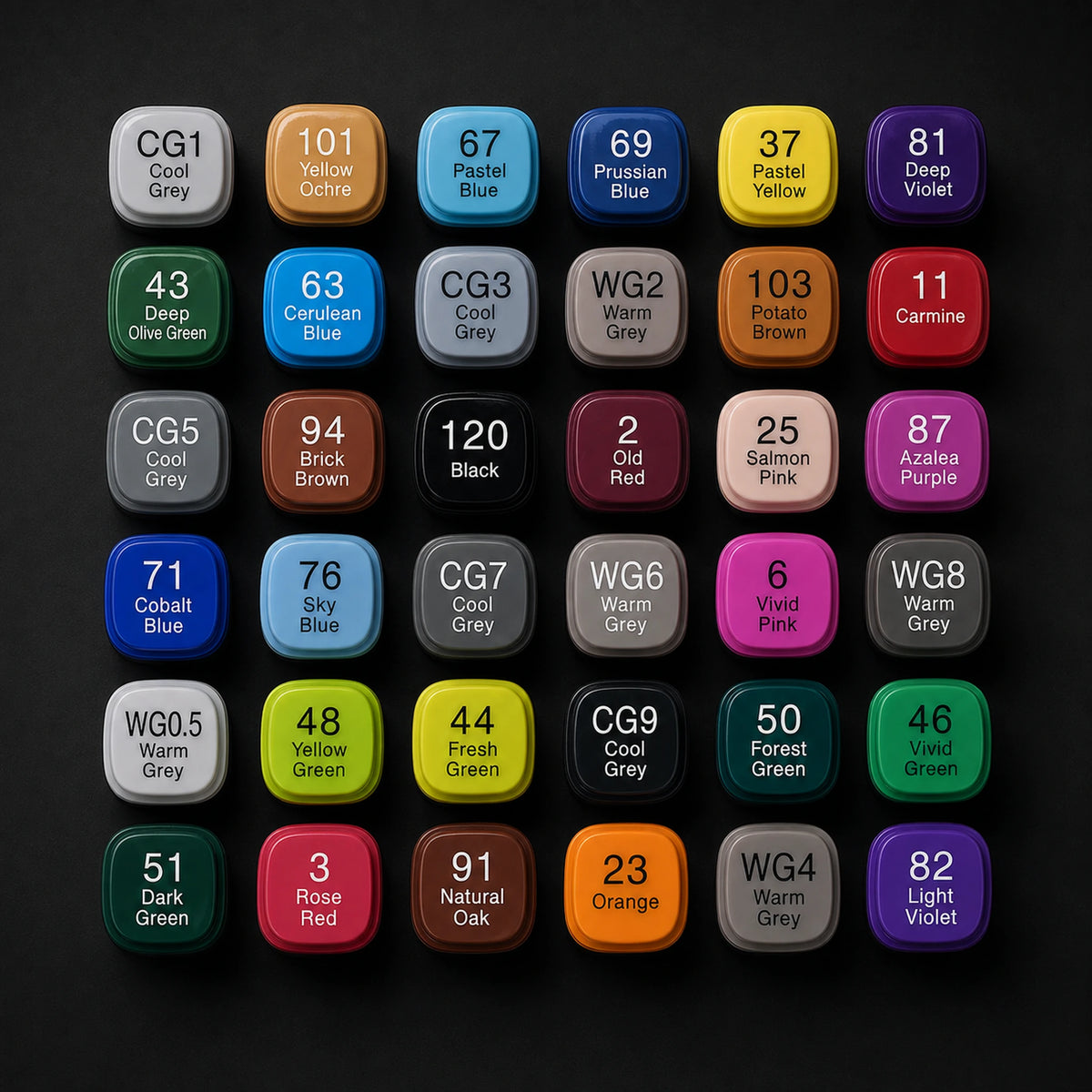 Colour chart of the TOUCH 36 alcohol marker set with all 36 cap tops laid out in an even grid