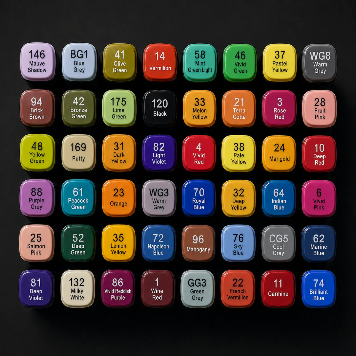 Colour chart of the TOUCH 48 alcohol marker set with all 48 cap tops laid out in an even grid