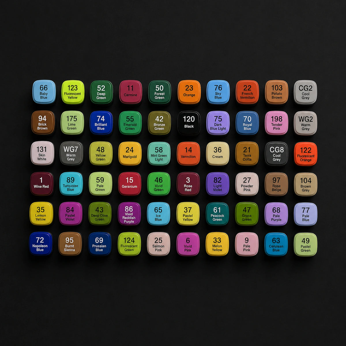 Colour chart of the TOUCH 60 alcohol marker set with all 60 cap tops laid out in an even grid
