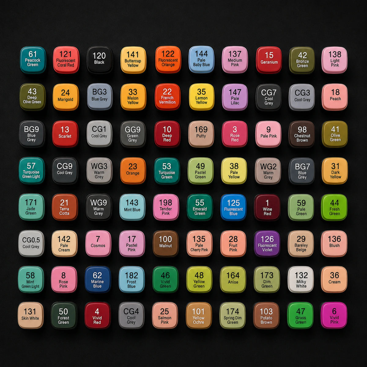 Colour chart of the TOUCH 80 alcohol marker set with all 80 cap tops laid out in an even grid
