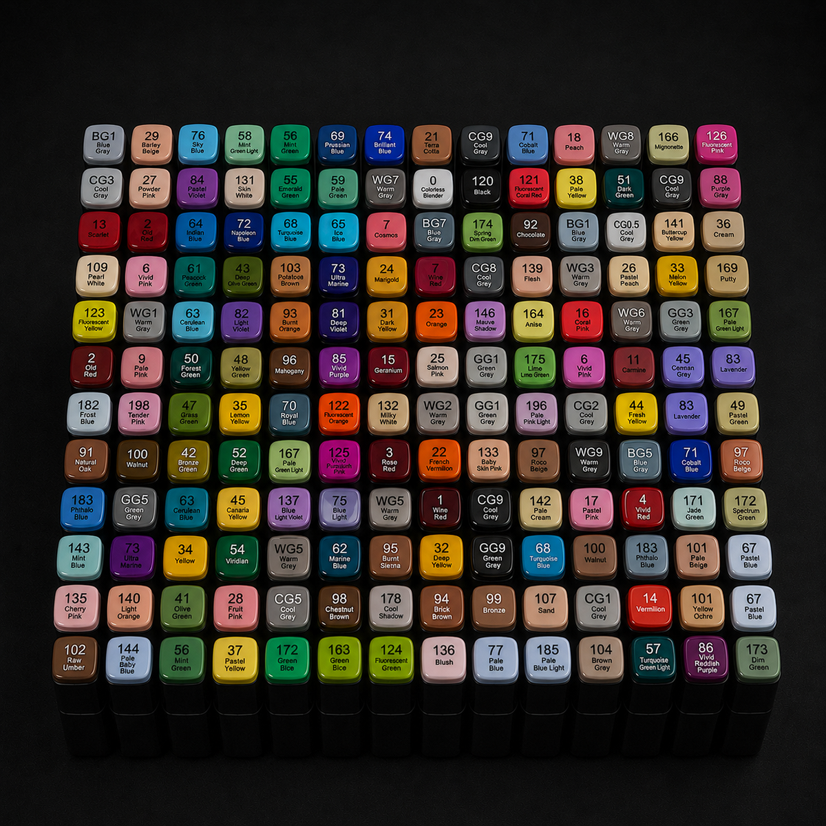 Colour chart of the 168-colour alcohol marker set with all 168 cap tops laid out in an even grid