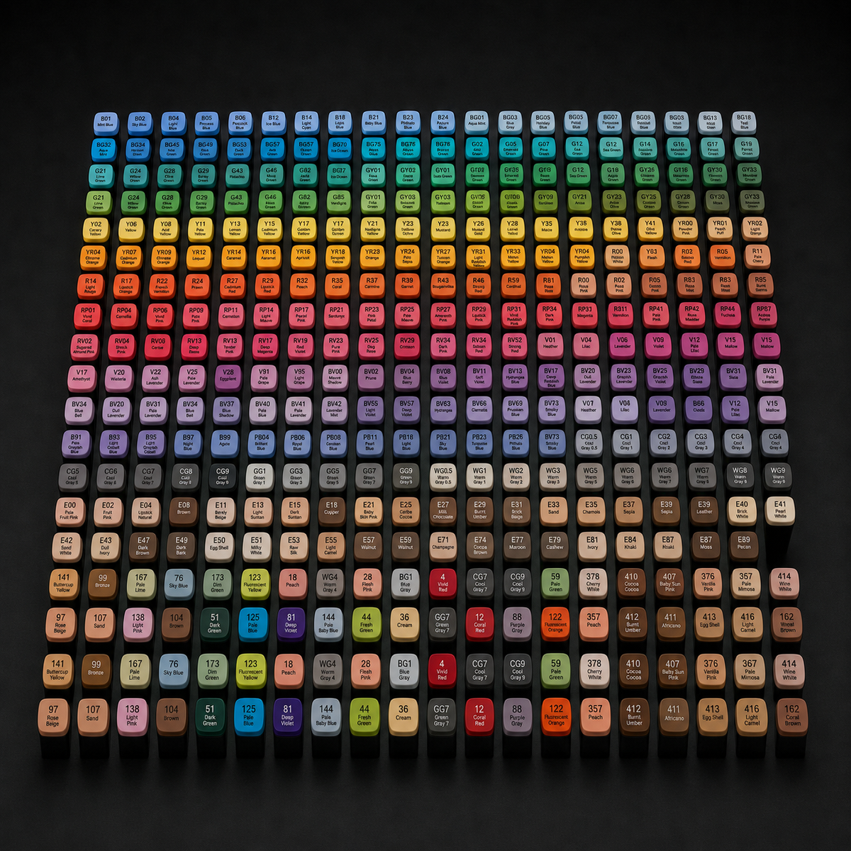 Colour chart of the 262-colour alcohol marker set with all 262 cap tops laid out in an even grid