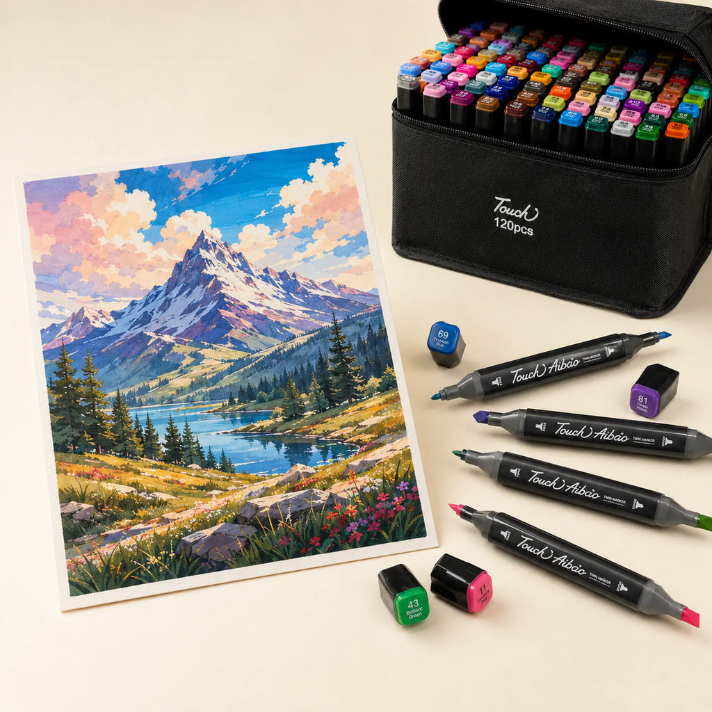 Mountain landscape artwork drawn with TOUCH alcohol markers, shown beside the markers used