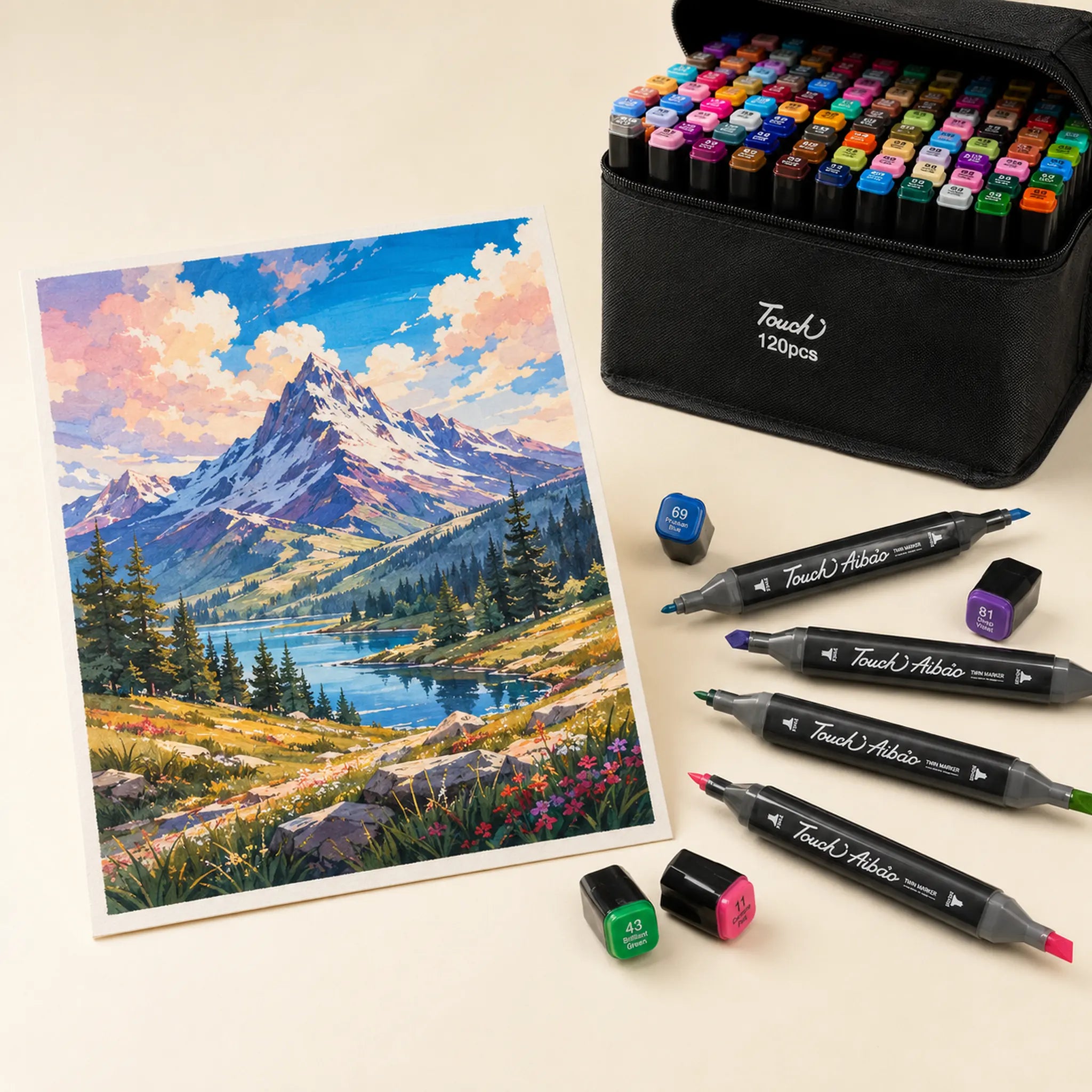 Mountain landscape artwork drawn with TOUCH alcohol markers, shown beside the markers used