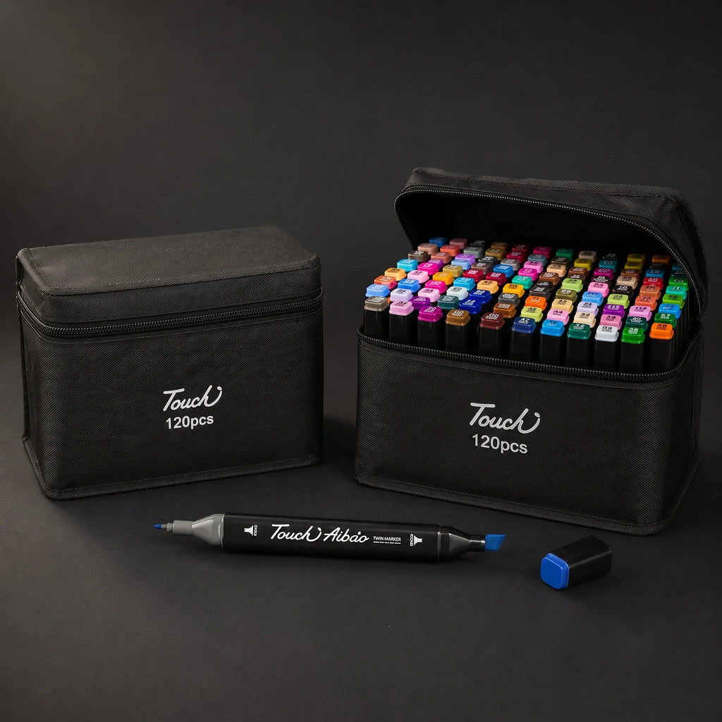 TOUCH 120 marker set: black zip case closed and open with one twin marker in front