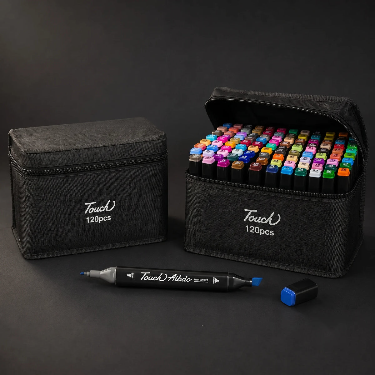 TOUCH 120 marker set: black zip case closed and open with one twin marker in front
