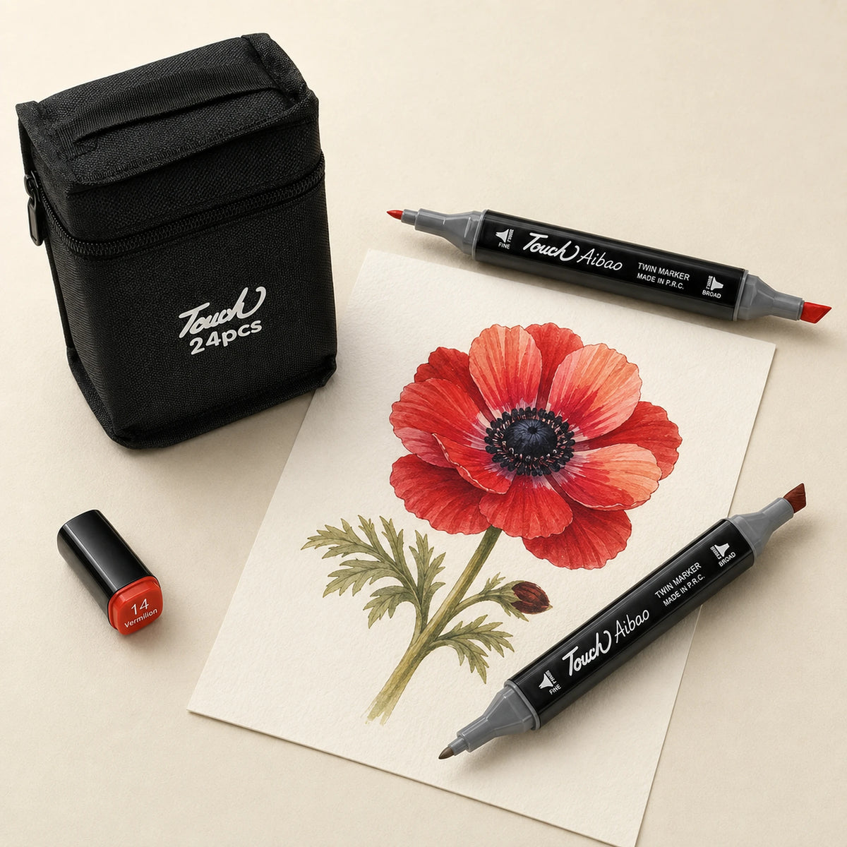 Red anemone study beside the closed TOUCH 24 marker case, two twin markers and a 14 Vermilion cap
