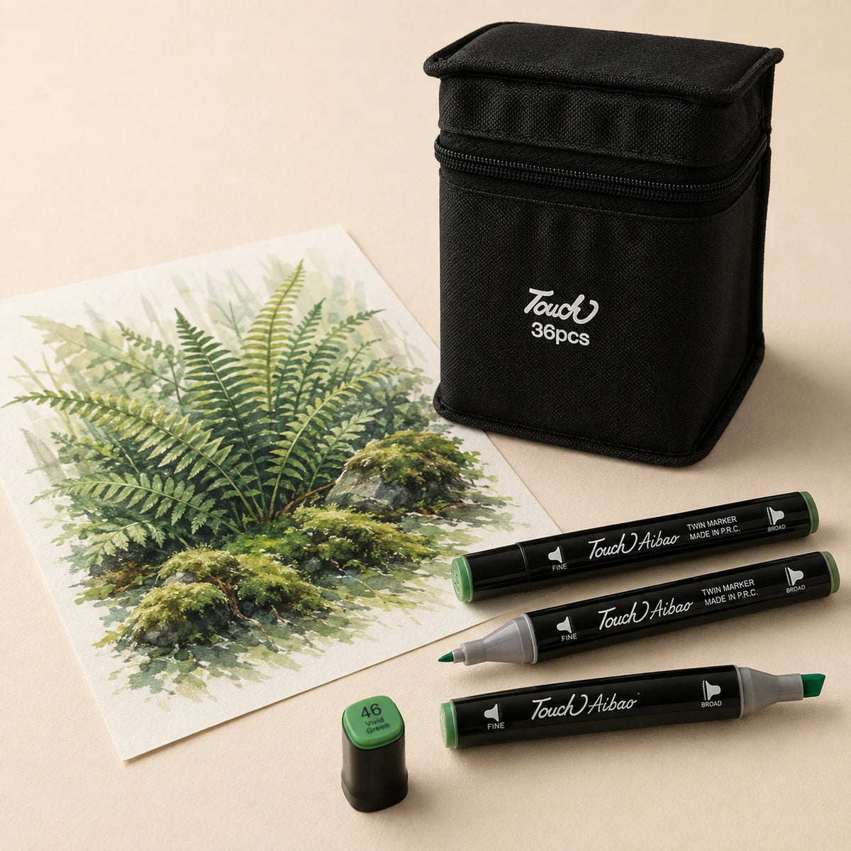Fern and moss study in layered greens beside the closed TOUCH 36 marker case and three twin markers