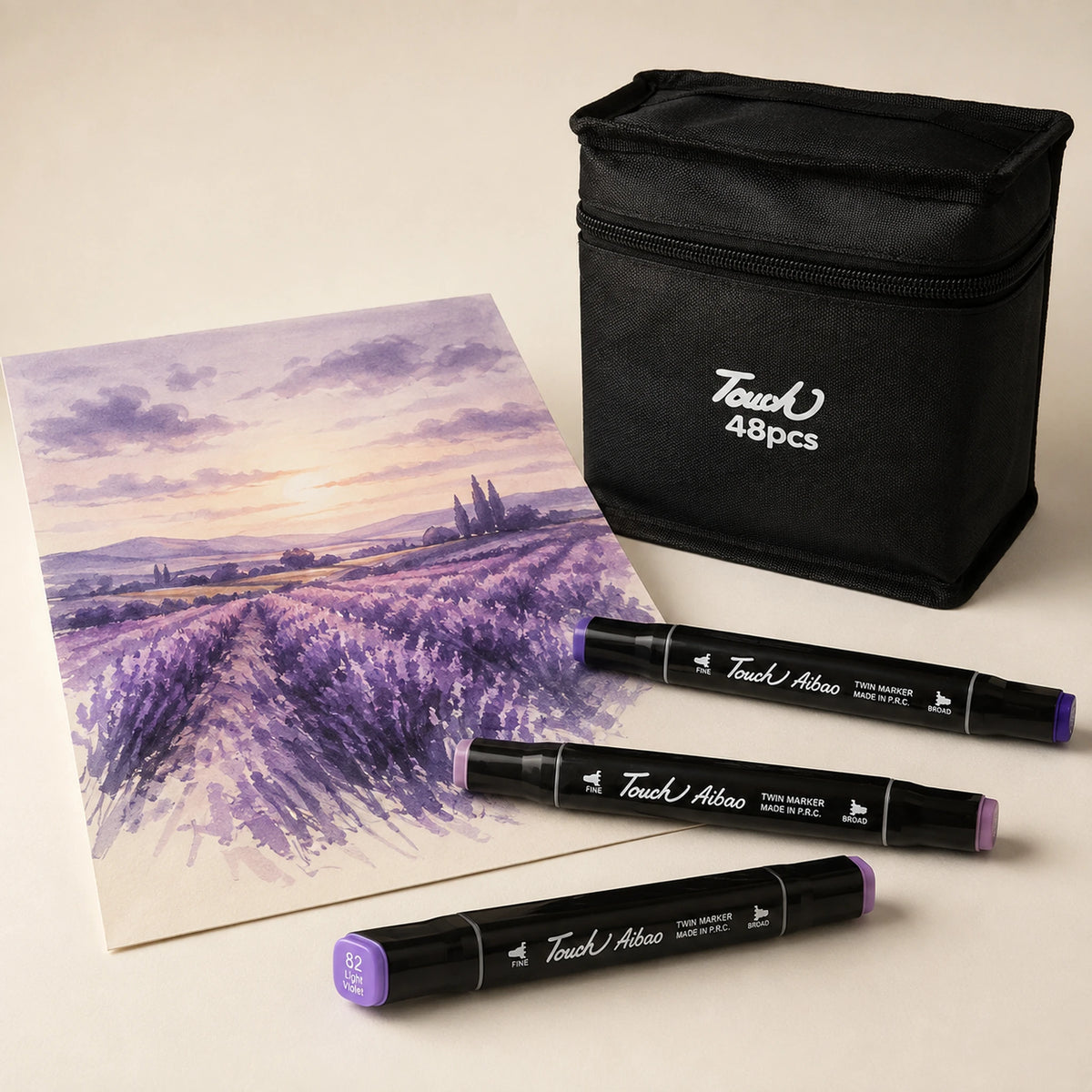Lavender field at dusk beside the closed TOUCH 48 marker case and three capped twin markers
