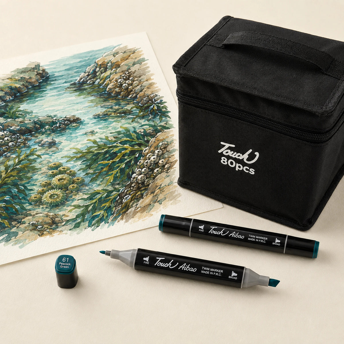 Coastal rockpool study in teals and sea greens beside the closed TOUCH 80 alcohol marker set and two markers