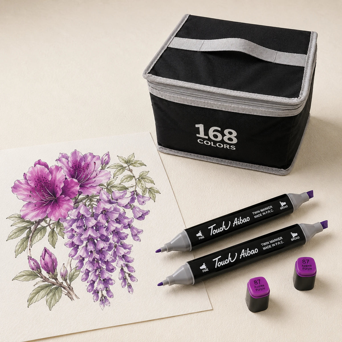 Azalea and wisteria study in purples beside the closed 168-colour alcohol marker set and two loose markers