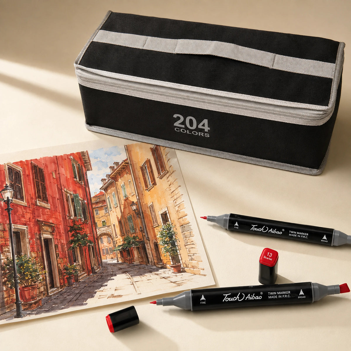 Street scene with warm red and terracotta facades beside the closed 204-colour marker set and two loose markers