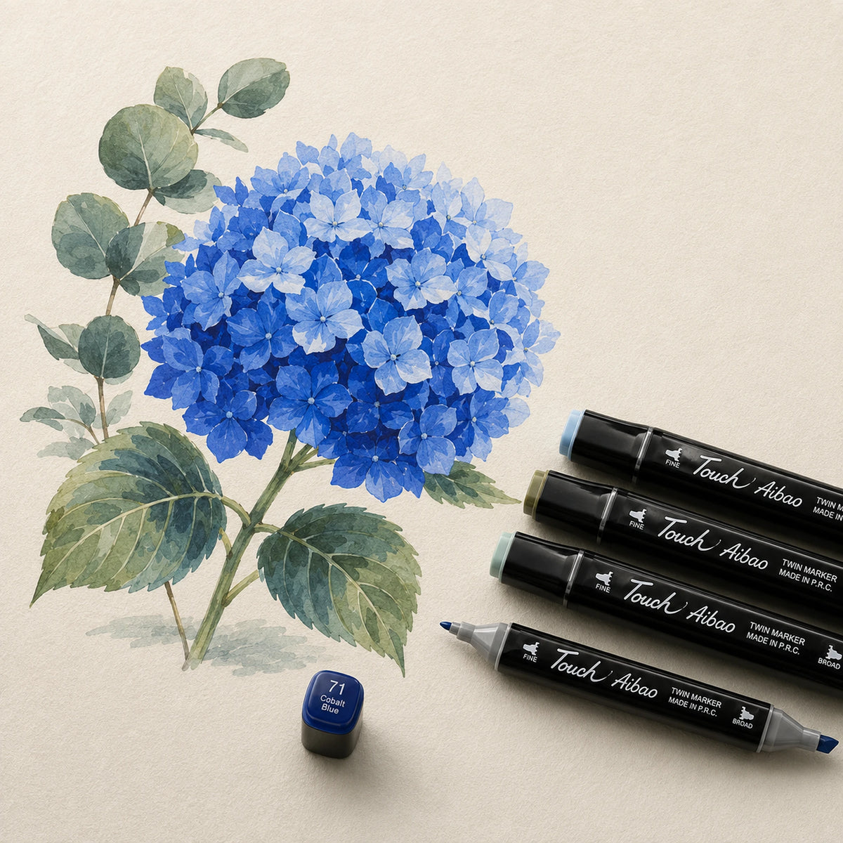 Hydrangea and eucalyptus study in blues on ivory paper with four twin alcohol markers and a Cobalt Blue cap