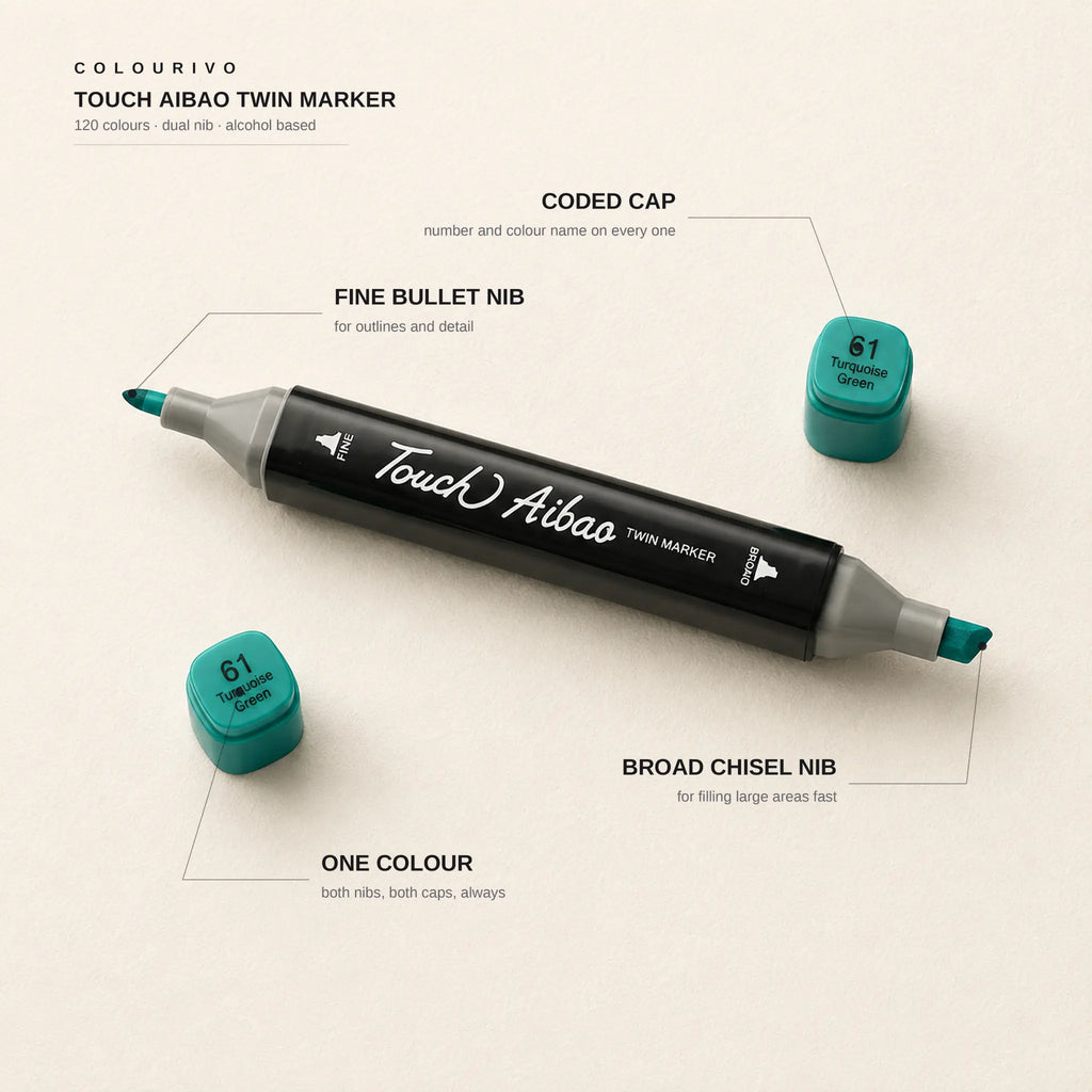 TOUCH Aibao twin marker with labelled broad chisel nib, fine bullet nib and coded cap