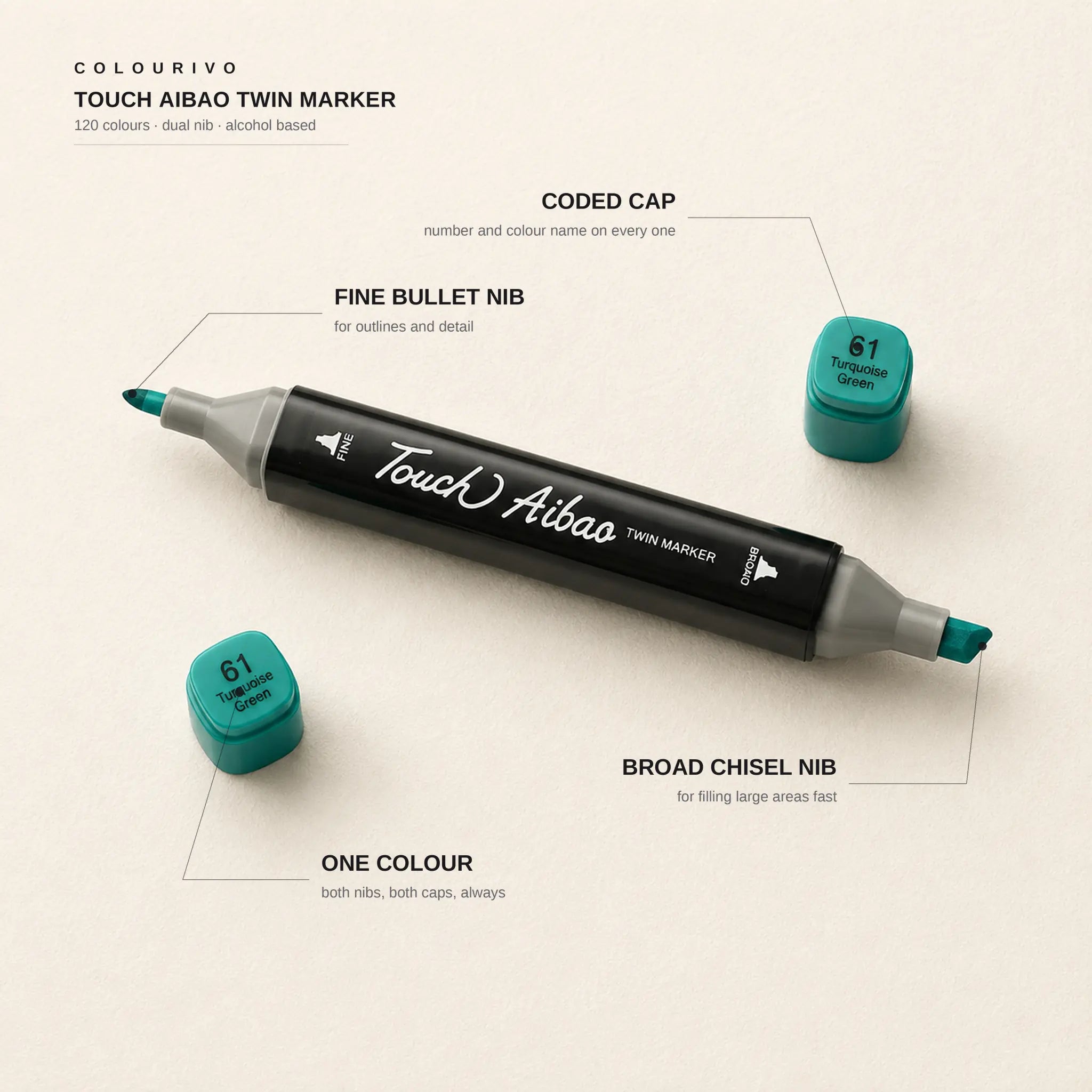 TOUCH Aibao twin marker with labelled broad chisel nib, fine bullet nib and coded cap