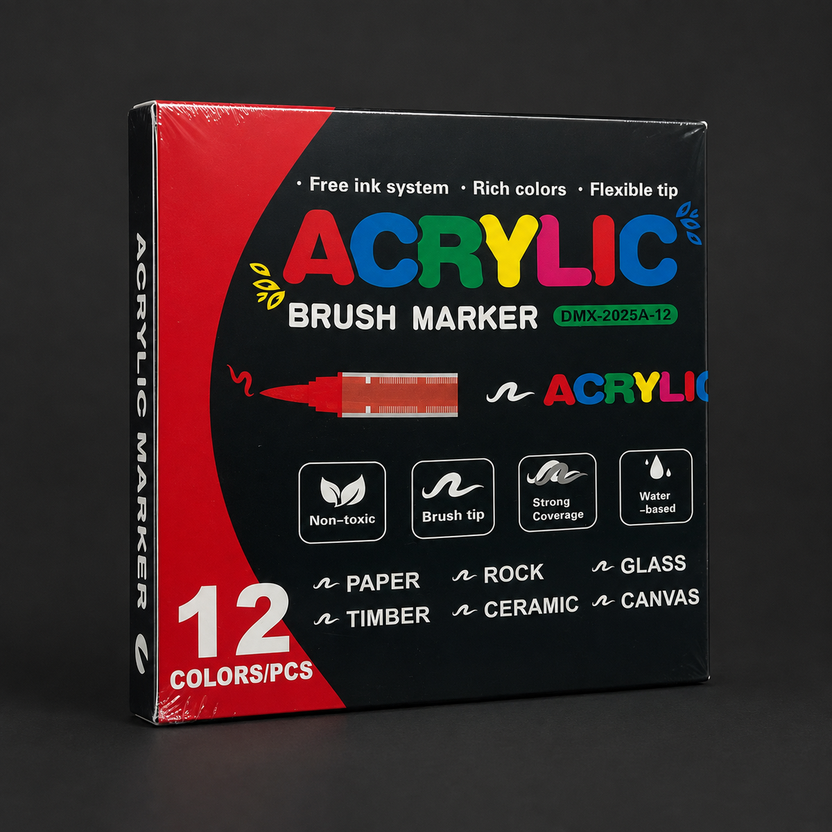 Sealed 12-colour Single-Tip Acrylic Marker carton at a three-quarter angle on a dark charcoal studio background