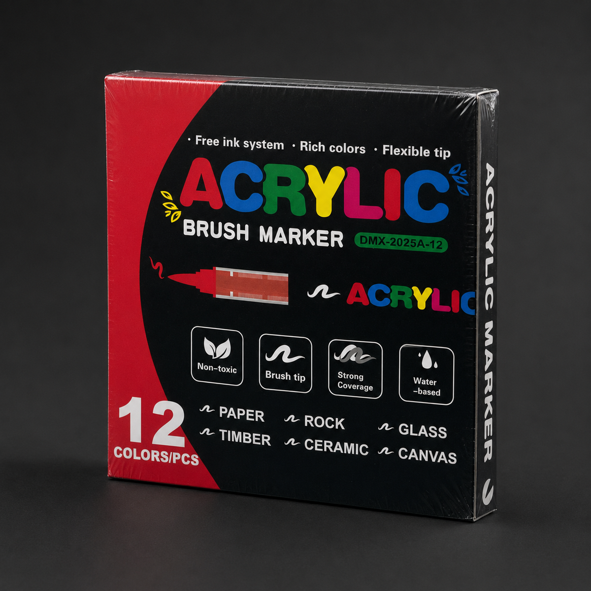 Sealed 12-colour acrylic marker carton angled to show the printed ACRYLIC MARKER side panel