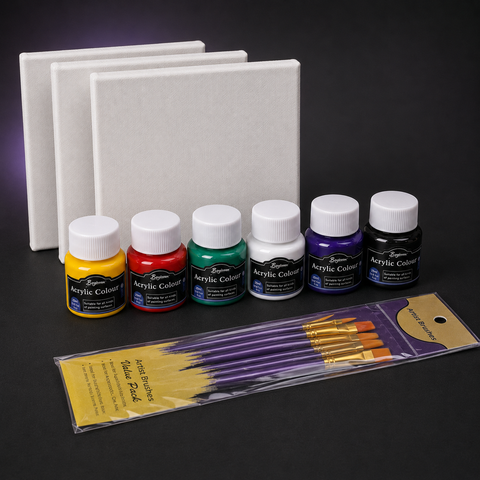 Mini Acrylic Painting Kit: six labelled 25 ml acrylic paint pots, a sealed sleeve of ten purple-handled brushes and three 10 by 10 cm stretched canvases on a dark studio background.
