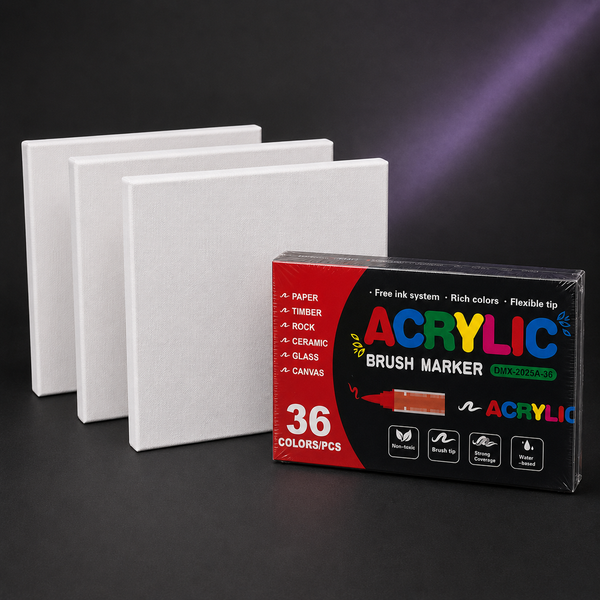 Acrylic Marker Canvas Set: a sealed 36-colour single-tip acrylic marker carton beside three 20 by 20 cm stretched canvases on a dark studio background.