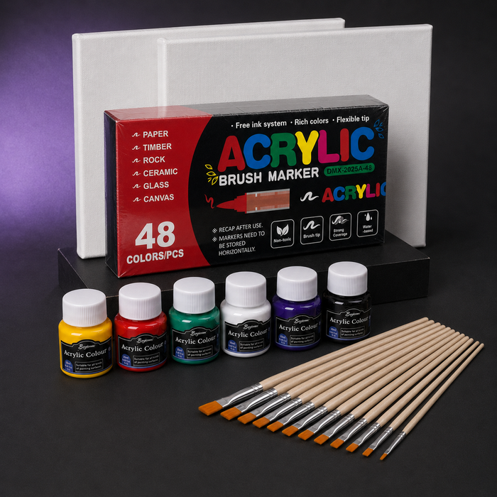 Mixed Media Creator Bundle: a sealed 48-colour acrylic marker carton, six labelled paint pots, thirteen short-handled flat brushes and three 20 by 20 cm canvases.