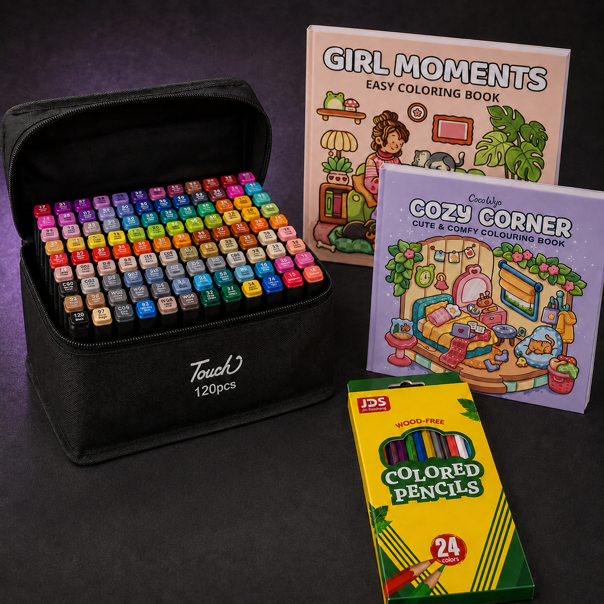 Colour and Unwind: the TOUCH 120-colour marker case open beside the Cozy Corner and Girl Moments colouring books and a 24-colour wood-free pencil carton.