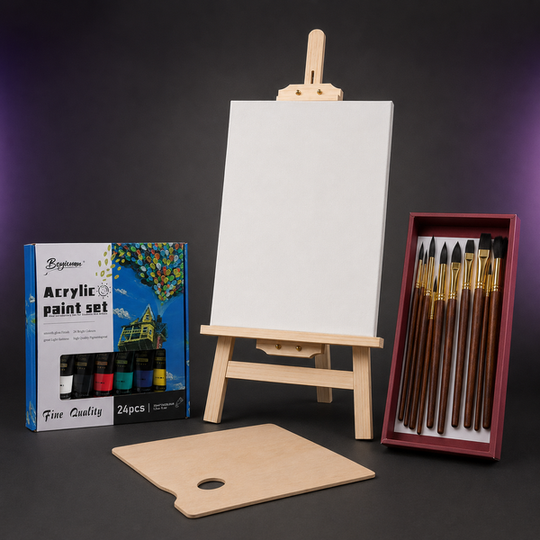 Tabletop Artist Studio: a 36 by 70 cm wooden easel holding a canvas, with a 24-colour acrylic paint set, a burgundy box of ten brushes and a rectangular wooden palette.