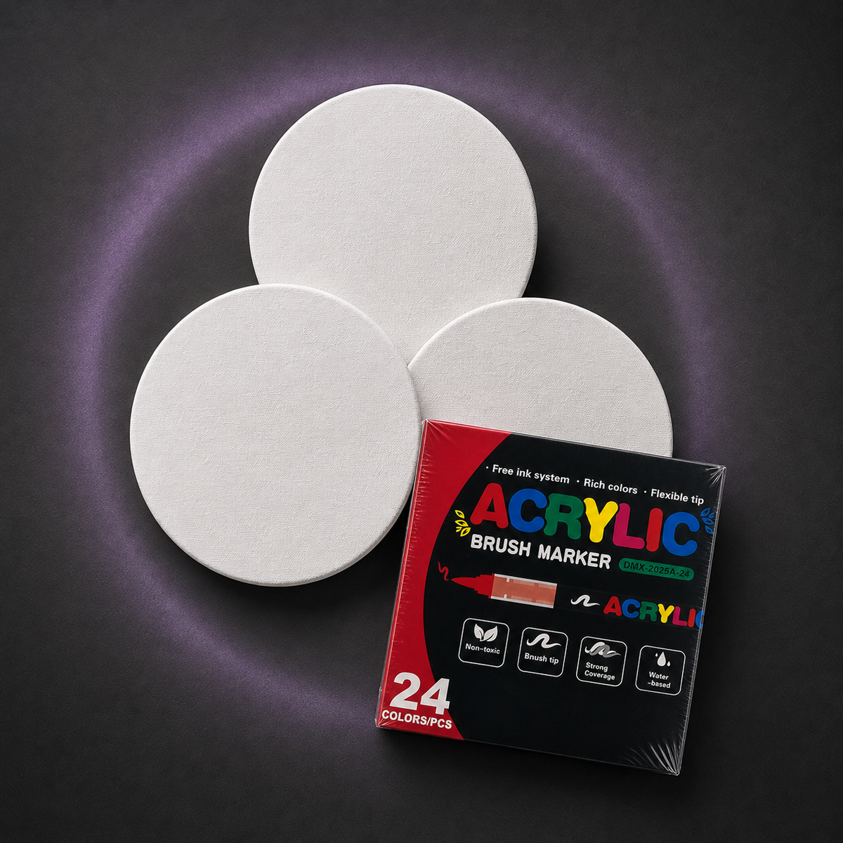 Round Canvas Marker Set: three 20 cm round stretched canvases with a sealed 24-colour single-tip acrylic marker carton.