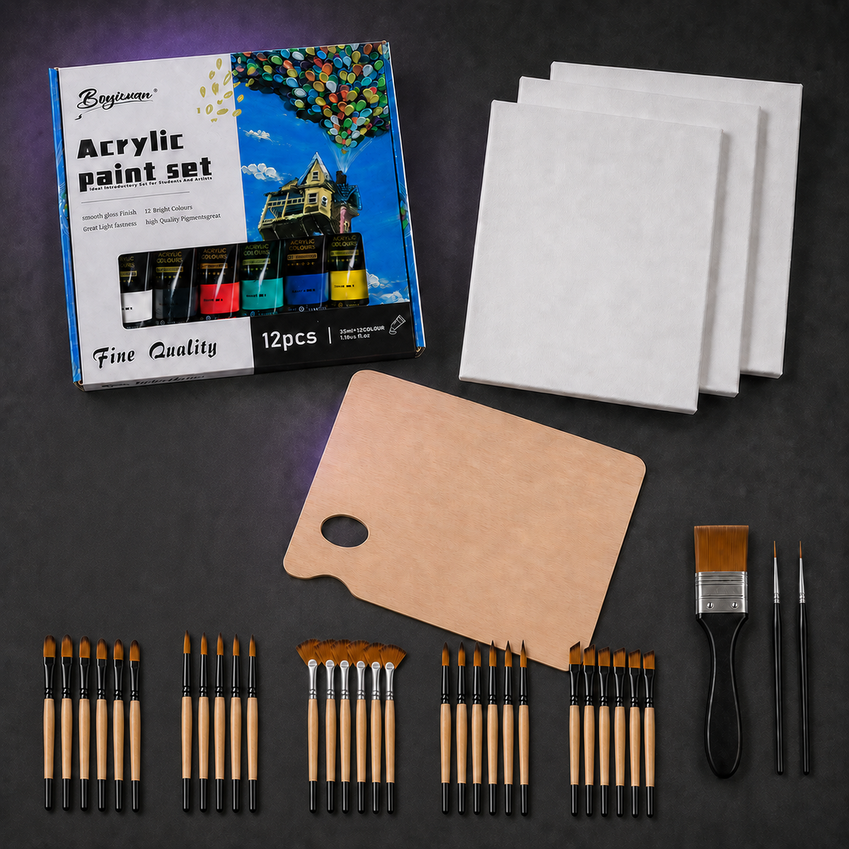 Acrylic Painting Essentials: a 12-colour 35 ml acrylic paint carton, three 20 by 20 cm canvases, a wooden palette and a thirty-three piece brush selection laid out in rows.