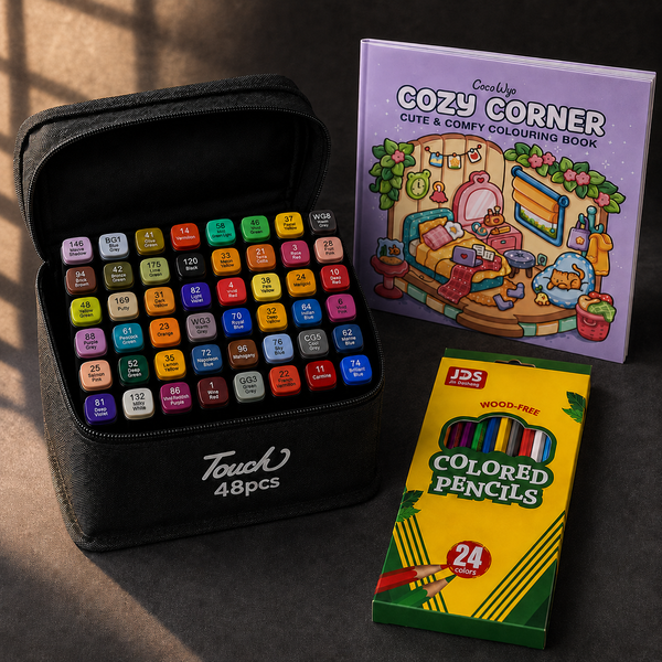 Cosy Colouring Starter: the TOUCH 48-colour marker case open beside the Cozy Corner colouring book and a 24-colour wood-free pencil carton.