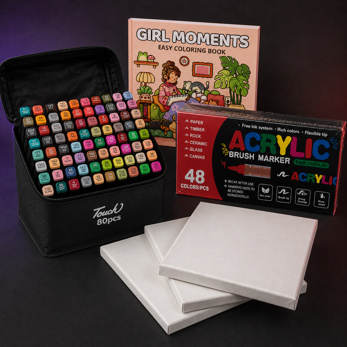 Ultimate Dual-Marker Studio: the TOUCH 80-colour marker case, a sealed 48-colour acrylic marker carton, the Girl Moments colouring book and three 20 by 20 cm canvases.
