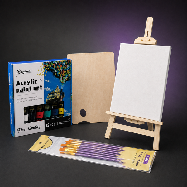 Tabletop Studio Lite: a 36 by 70 cm wooden easel with a canvas, a 12-colour 35 ml acrylic paint carton, a wooden palette and a sealed sleeve of ten purple-handled brushes.