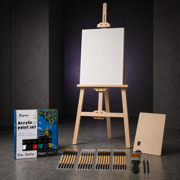 Floor Easel Artist Studio: a 48 by 120 cm floor-standing easel holding a large canvas, with a 24-colour acrylic paint carton, a broad wooden palette and thirty-three brushes laid out.