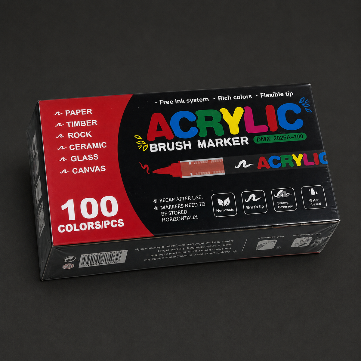 Sealed box of 100 acrylic brush markers, three-quarter view
