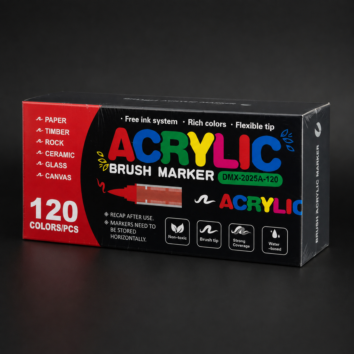 Sealed box of 120 acrylic brush markers, three-quarter view