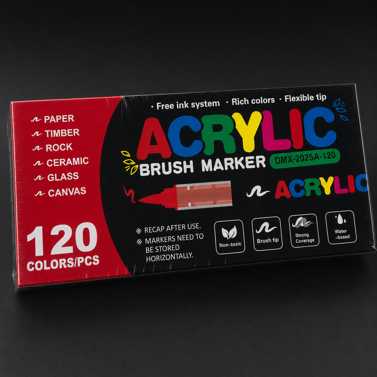 Sealed box of 120 acrylic brush markers, front view
